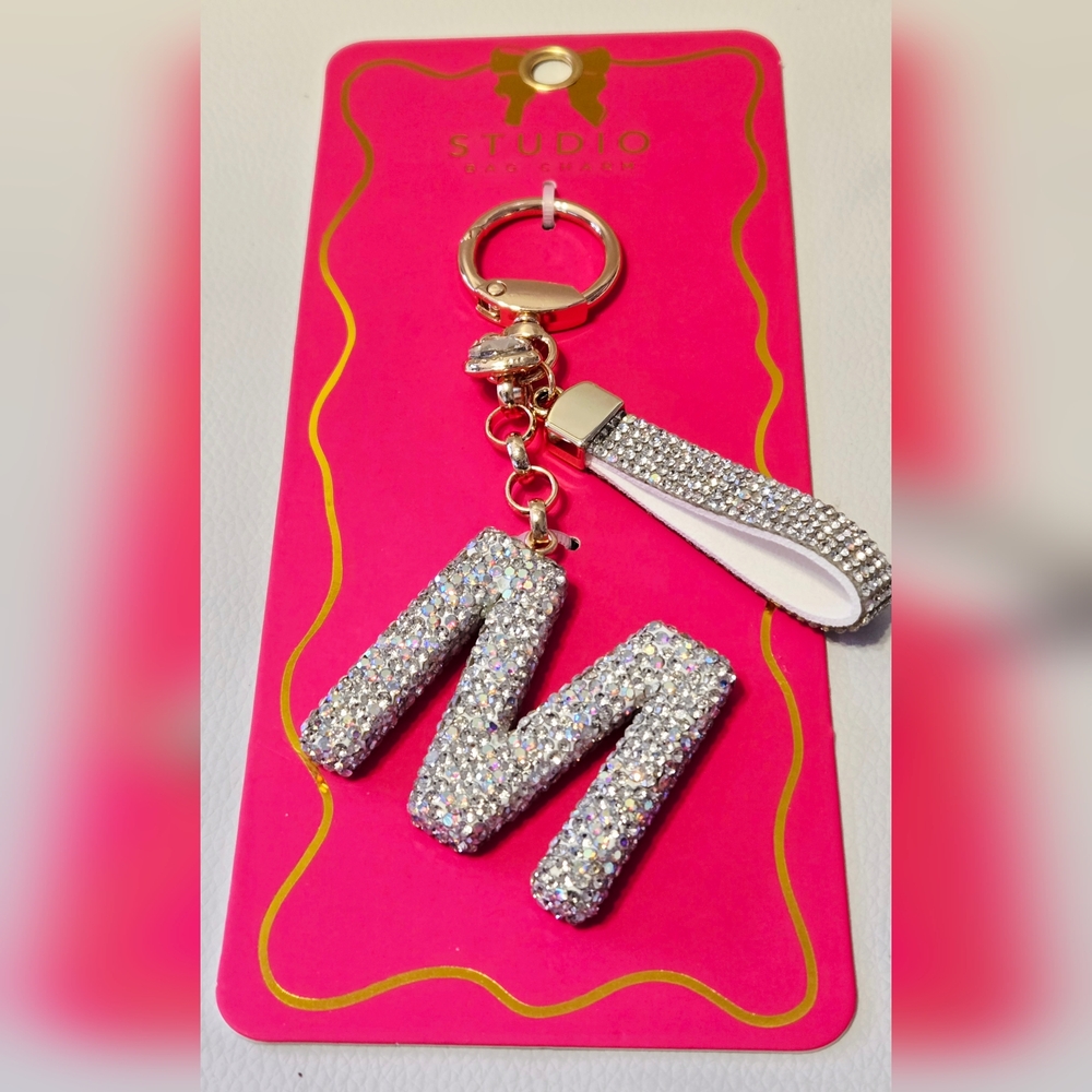 NEW Sparkling Silver Bag Charm with Rhinestones AndGold Accents 5" Letter M